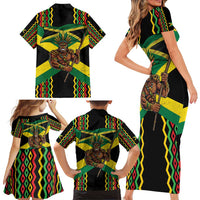 Jamaica Warrior Spirit Family Matching Short Sleeve Bodycon Dress and Hawaiian Shirt Tribal Fighter in Reggae Colors - Wonder Print Shop