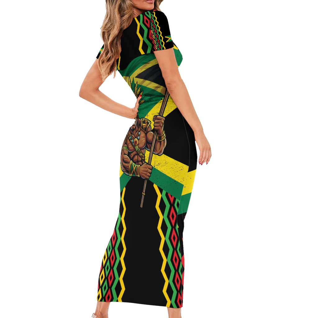 Jamaica Warrior Spirit Family Matching Short Sleeve Bodycon Dress and Hawaiian Shirt Tribal Fighter in Reggae Colors - Wonder Print Shop