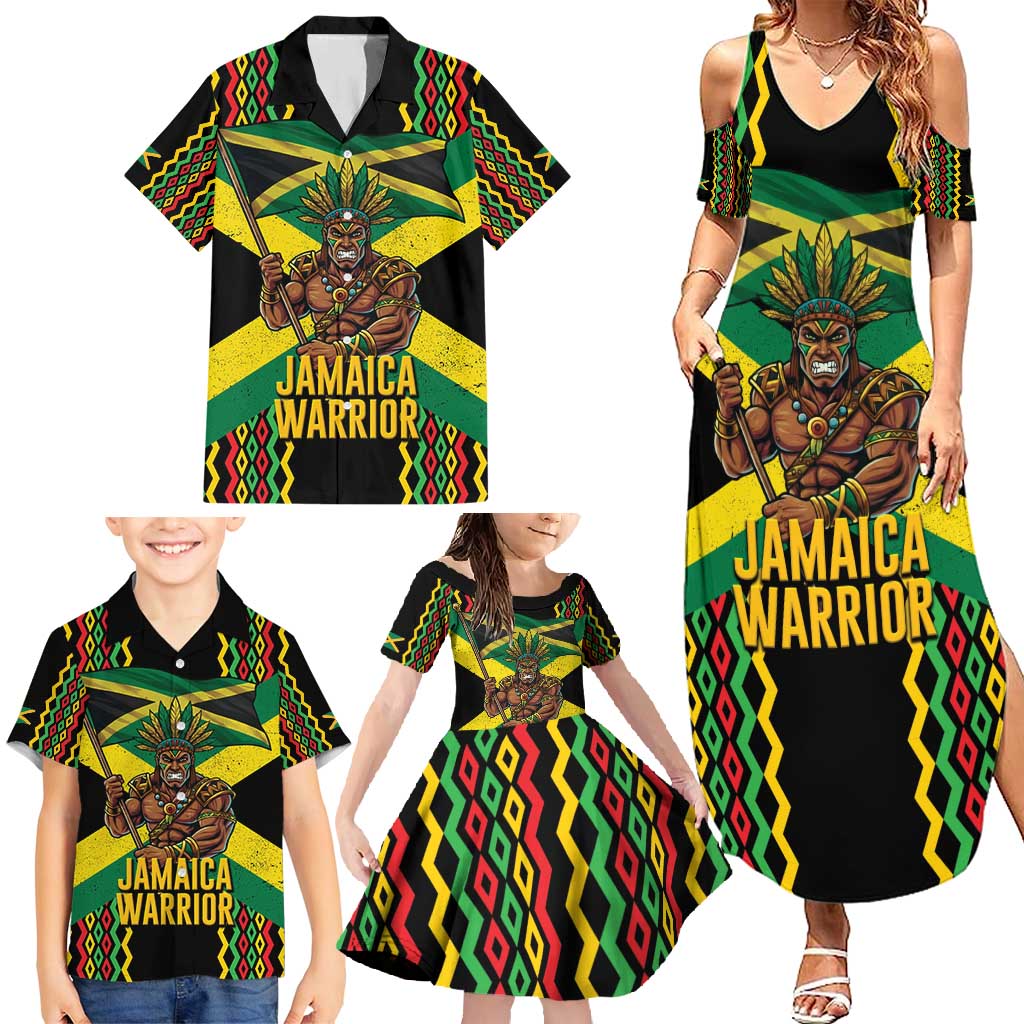 Jamaica Warrior Spirit Family Matching Summer Maxi Dress and Hawaiian Shirt Tribal Fighter in Reggae Colors - Wonder Print Shop