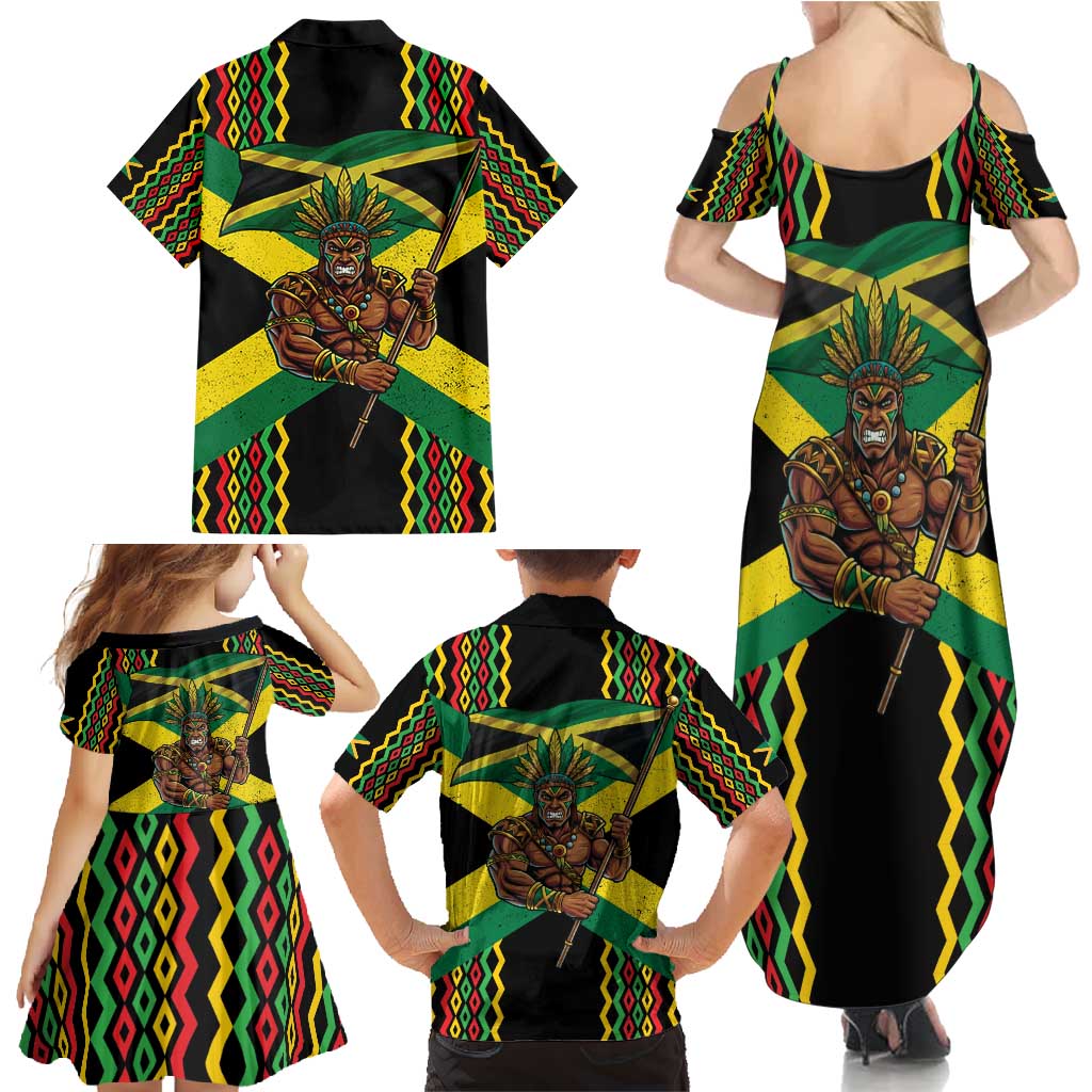 Jamaica Warrior Spirit Family Matching Summer Maxi Dress and Hawaiian Shirt Tribal Fighter in Reggae Colors - Wonder Print Shop