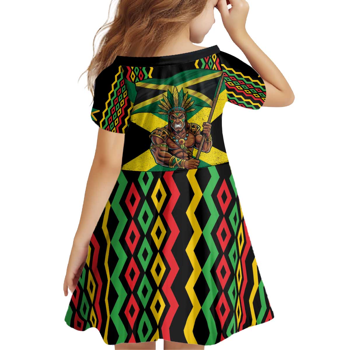 Jamaica Warrior Spirit Kid Short Sleeve Dress Tribal Fighter in Reggae Colors - Wonder Print Shop