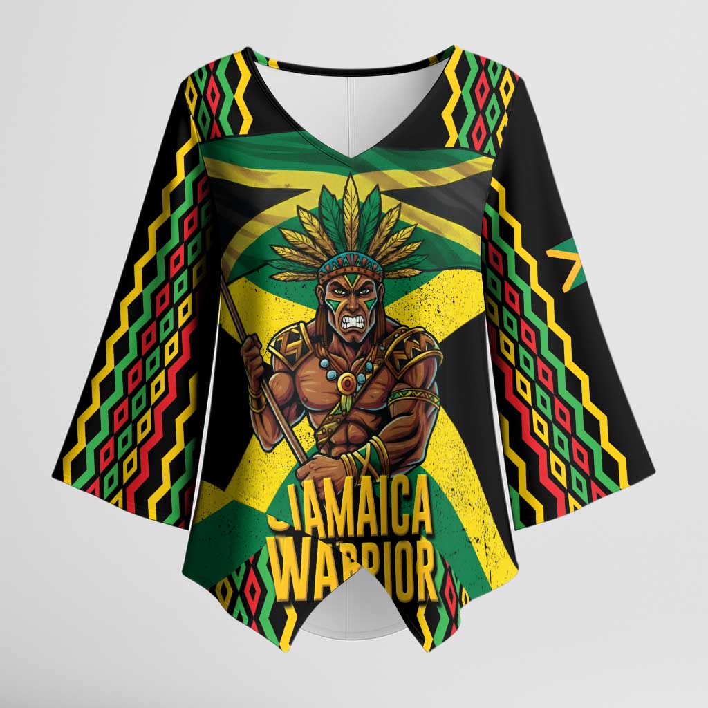 Jamaica Warrior Spirit Kimono Sleeve Blouse Tribal Fighter in Reggae Colors - Wonder Print Shop