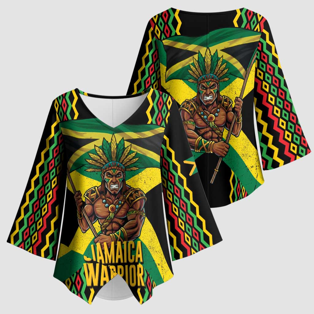 Jamaica Warrior Spirit Kimono Sleeve Blouse Tribal Fighter in Reggae Colors - Wonder Print Shop