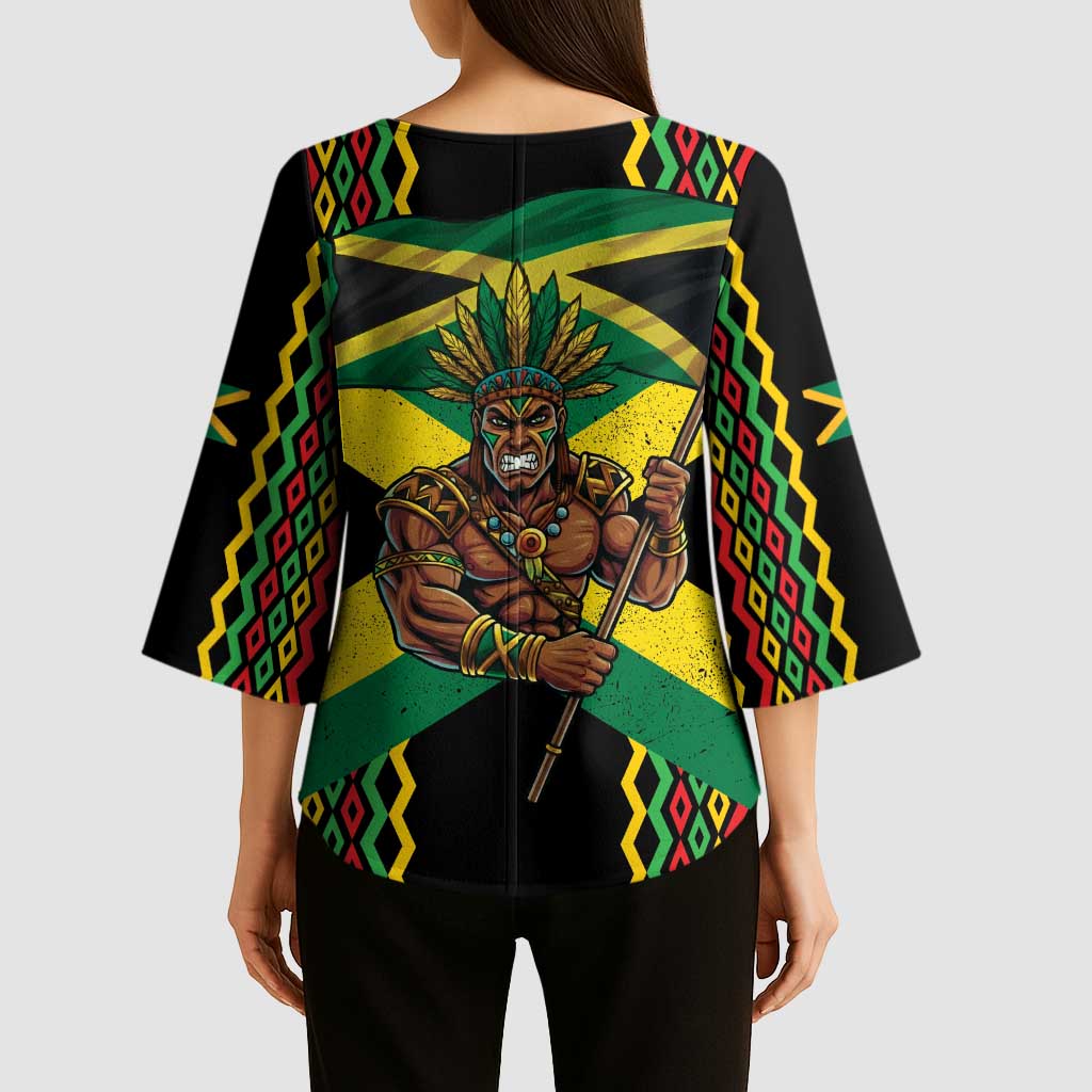 Jamaica Warrior Spirit Kimono Sleeve Blouse Tribal Fighter in Reggae Colors - Wonder Print Shop