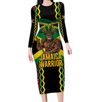 Jamaica Warrior Spirit Long Sleeve Bodycon Dress Tribal Fighter in Reggae Colors - Wonder Print Shop