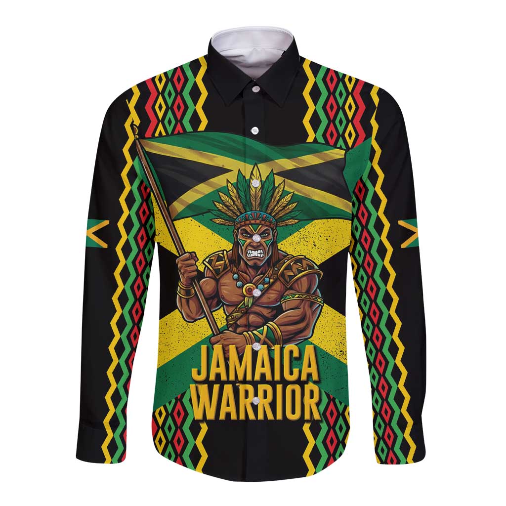 Jamaica Warrior Spirit Long Sleeve Button Shirt Tribal Fighter in Reggae Colors - Wonder Print Shop