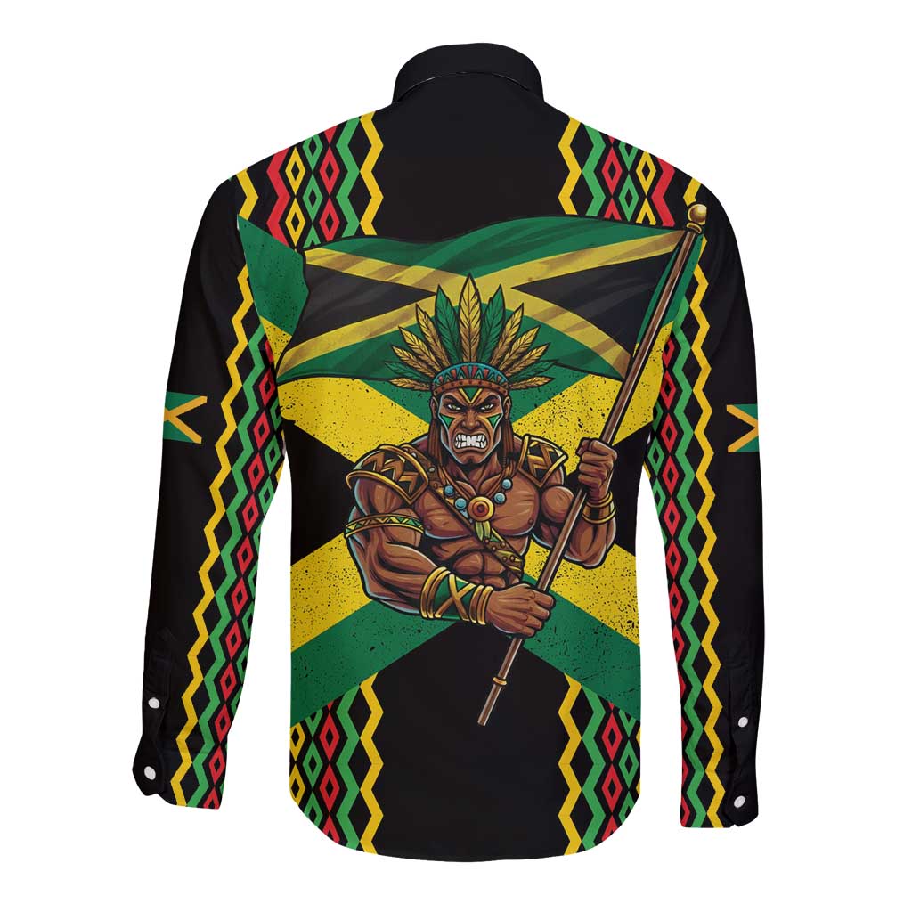 Jamaica Warrior Spirit Long Sleeve Button Shirt Tribal Fighter in Reggae Colors - Wonder Print Shop
