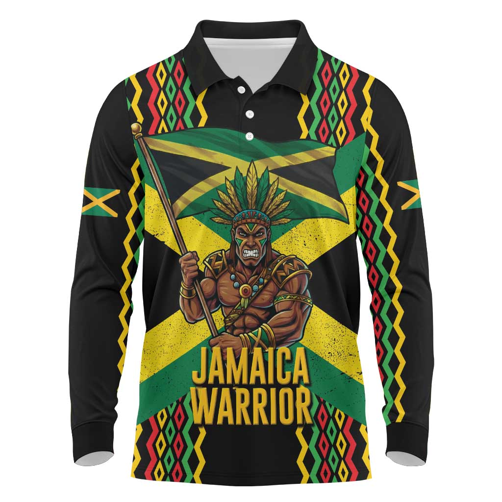 Jamaica Warrior Spirit Long Sleeve Polo Shirt Tribal Fighter in Reggae Colors - Wonder Print Shop
