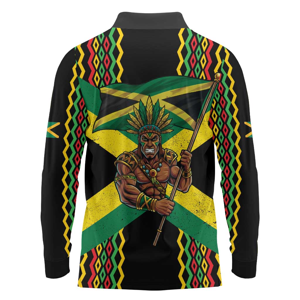 Jamaica Warrior Spirit Long Sleeve Polo Shirt Tribal Fighter in Reggae Colors - Wonder Print Shop