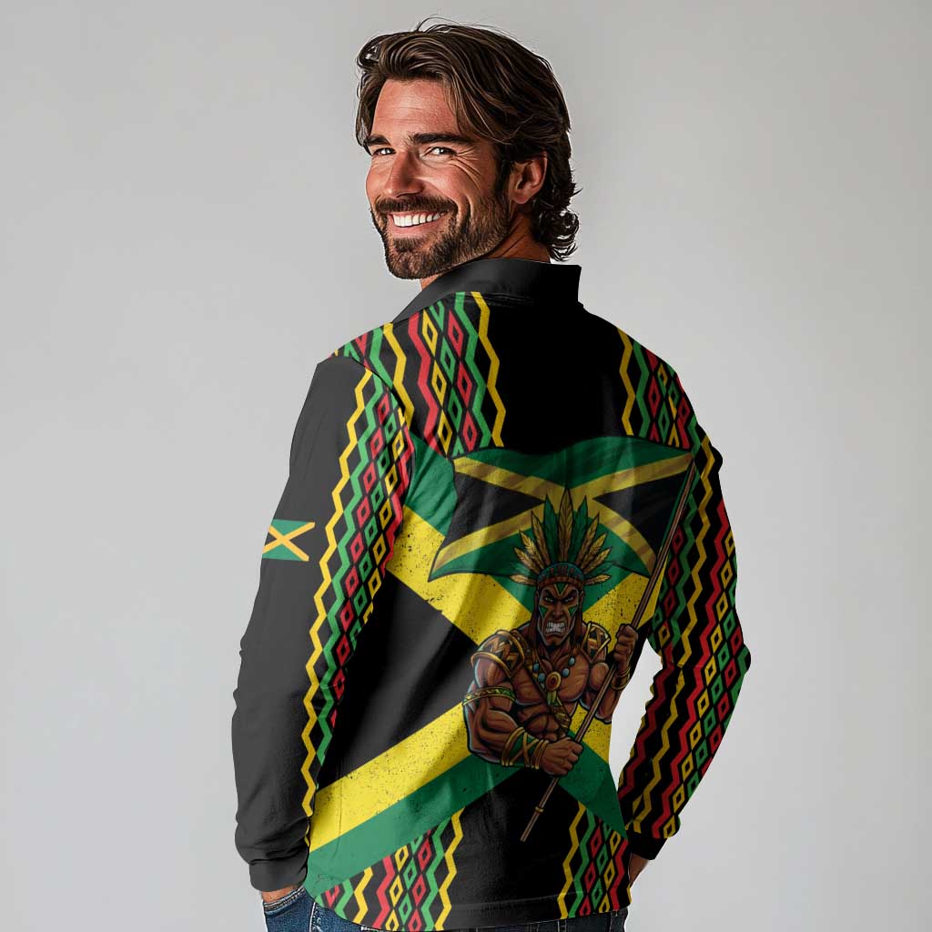 Jamaica Warrior Spirit Long Sleeve Polo Shirt Tribal Fighter in Reggae Colors - Wonder Print Shop