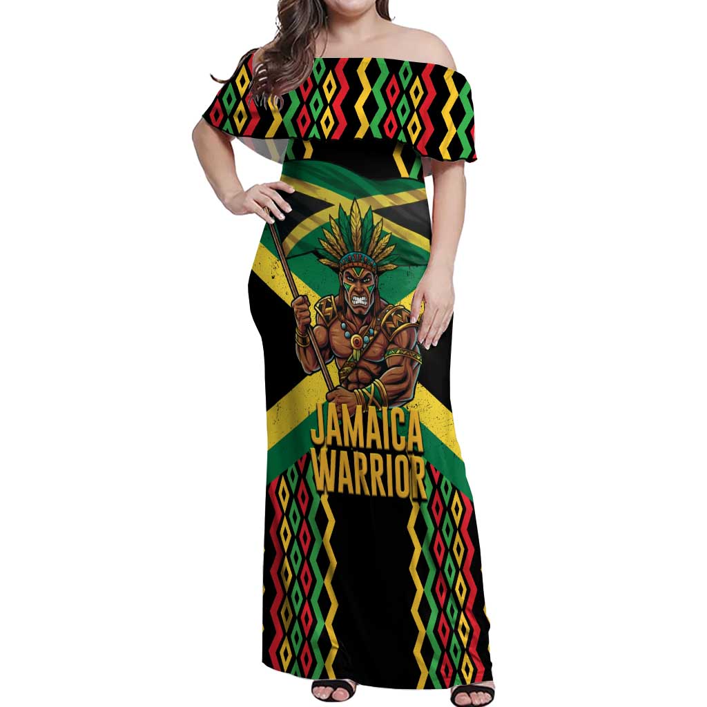 Jamaica Warrior Spirit Off Shoulder Maxi Dress Tribal Fighter in Reggae Colors - Wonder Print Shop