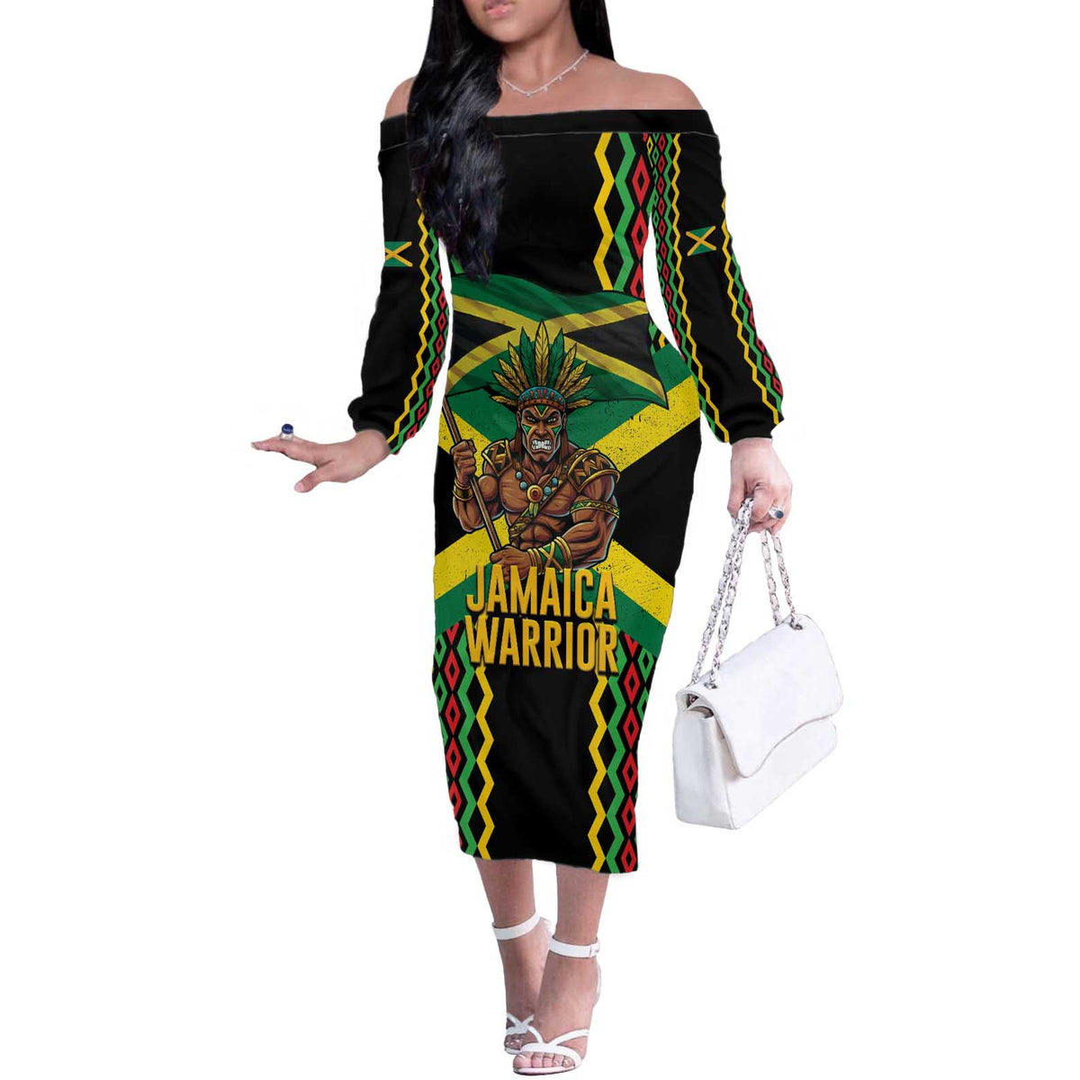 Jamaica Warrior Spirit Off The Shoulder Long Sleeve Dress Tribal Fighter in Reggae Colors - Wonder Print Shop