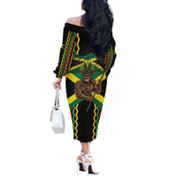 Jamaica Warrior Spirit Off The Shoulder Long Sleeve Dress Tribal Fighter in Reggae Colors - Wonder Print Shop