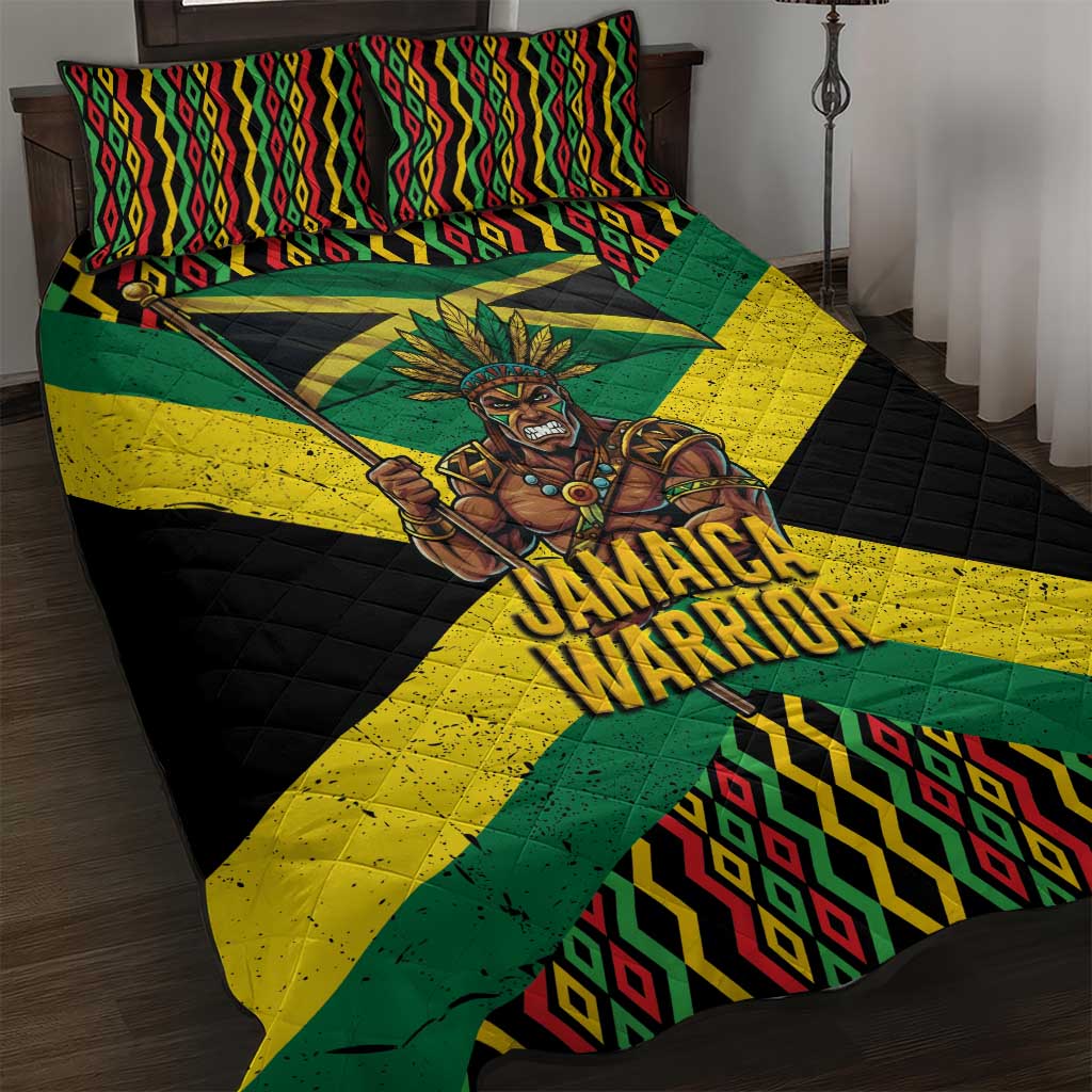 Jamaica Warrior Spirit Quilt Bed Set Tribal Fighter in Reggae Colors - Wonder Print Shop