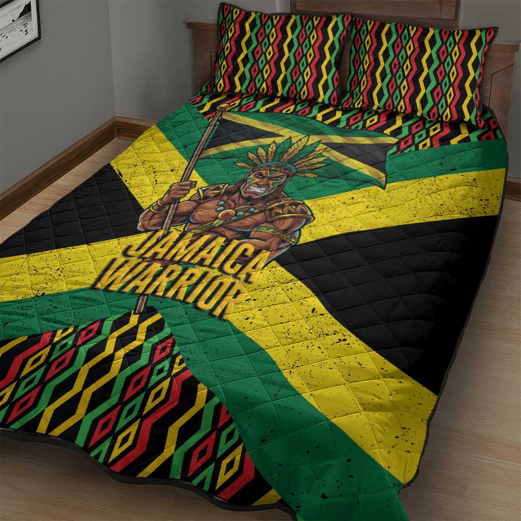 Jamaica Warrior Spirit Quilt Bed Set Tribal Fighter in Reggae Colors - Wonder Print Shop