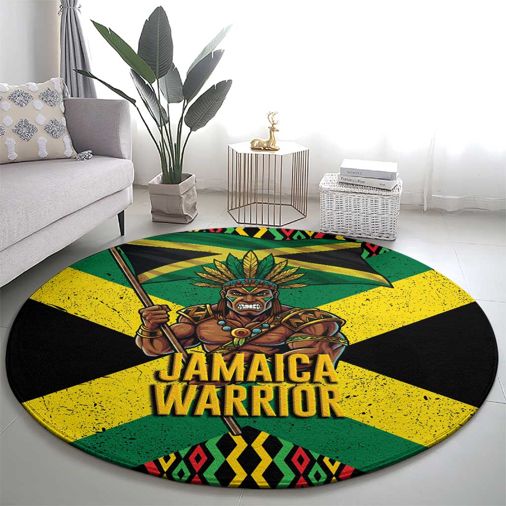 Jamaica Warrior Spirit Round Carpet Tribal Fighter in Reggae Colors - Wonder Print Shop