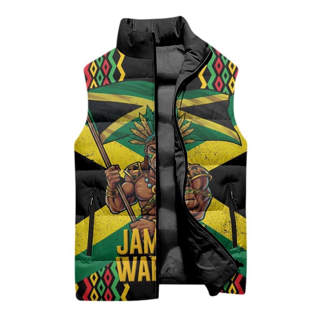 Jamaica Warrior Spirit Sleeveless Puffer Jacket Tribal Fighter in Reggae Colors - Wonder Print Shop
