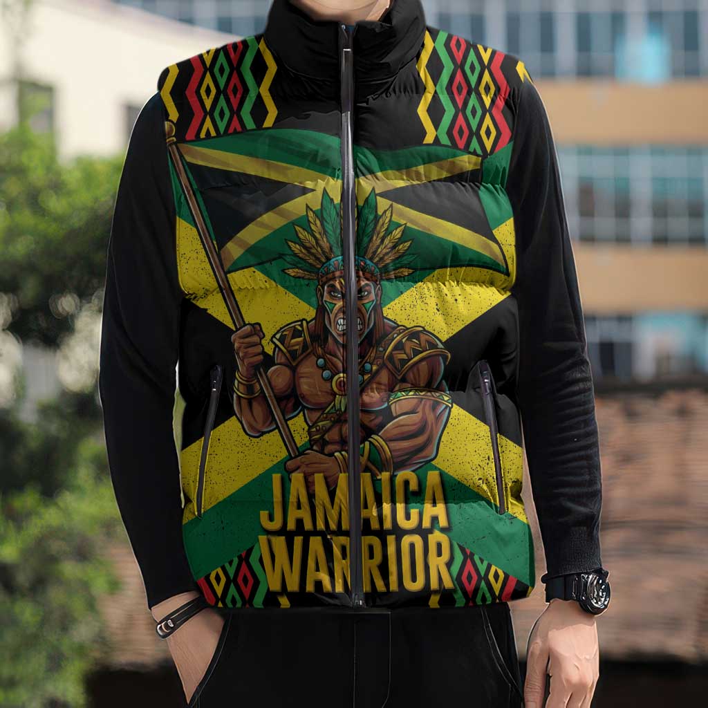 Jamaica Warrior Spirit Sleeveless Puffer Jacket Tribal Fighter in Reggae Colors - Wonder Print Shop