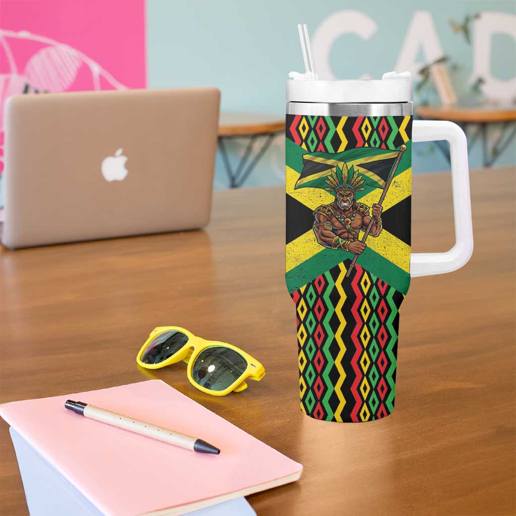 Jamaica Warrior Spirit Tumbler With Handle Tribal Fighter in Reggae Colors - Wonder Print Shop