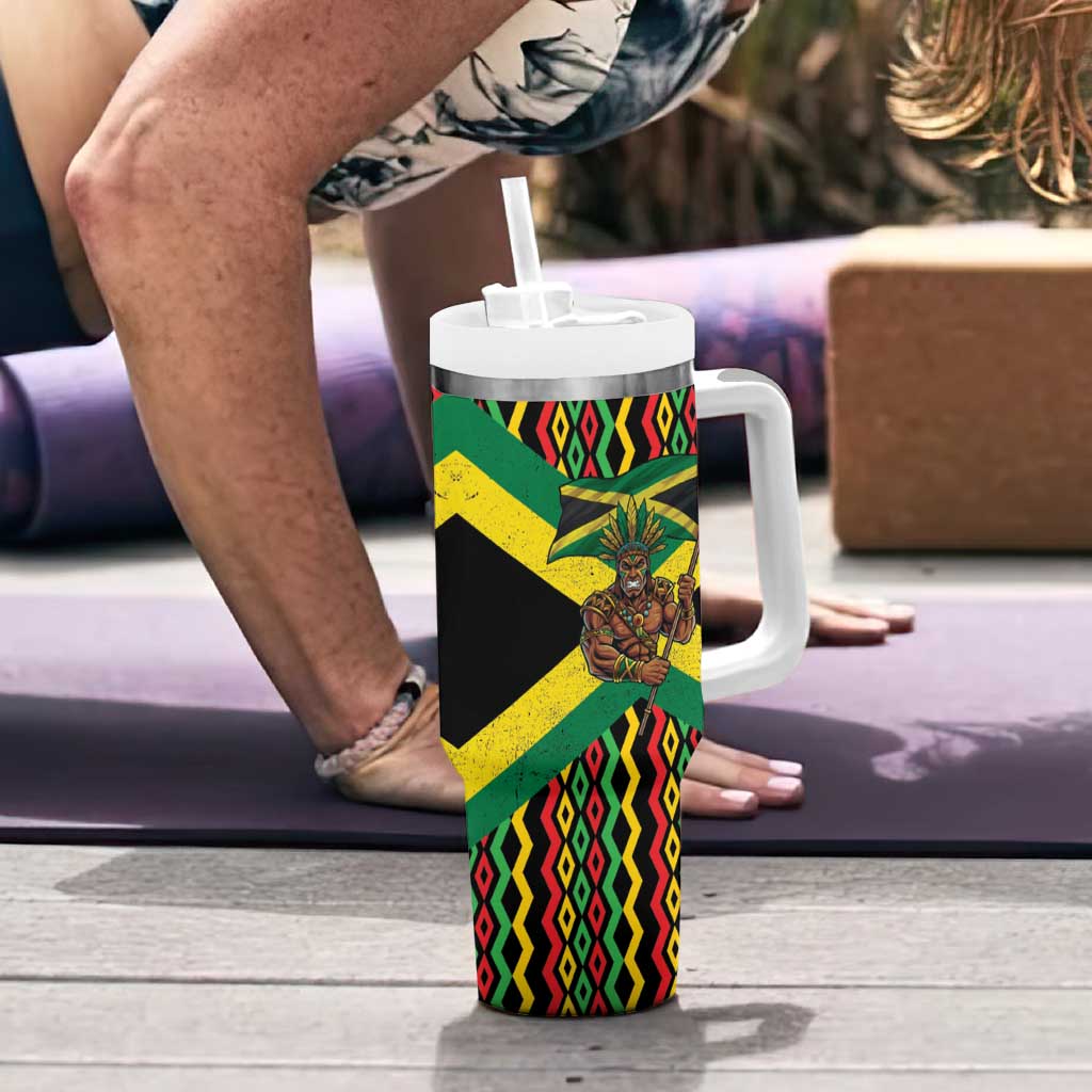 Jamaica Warrior Spirit Tumbler With Handle Tribal Fighter in Reggae Colors - Wonder Print Shop