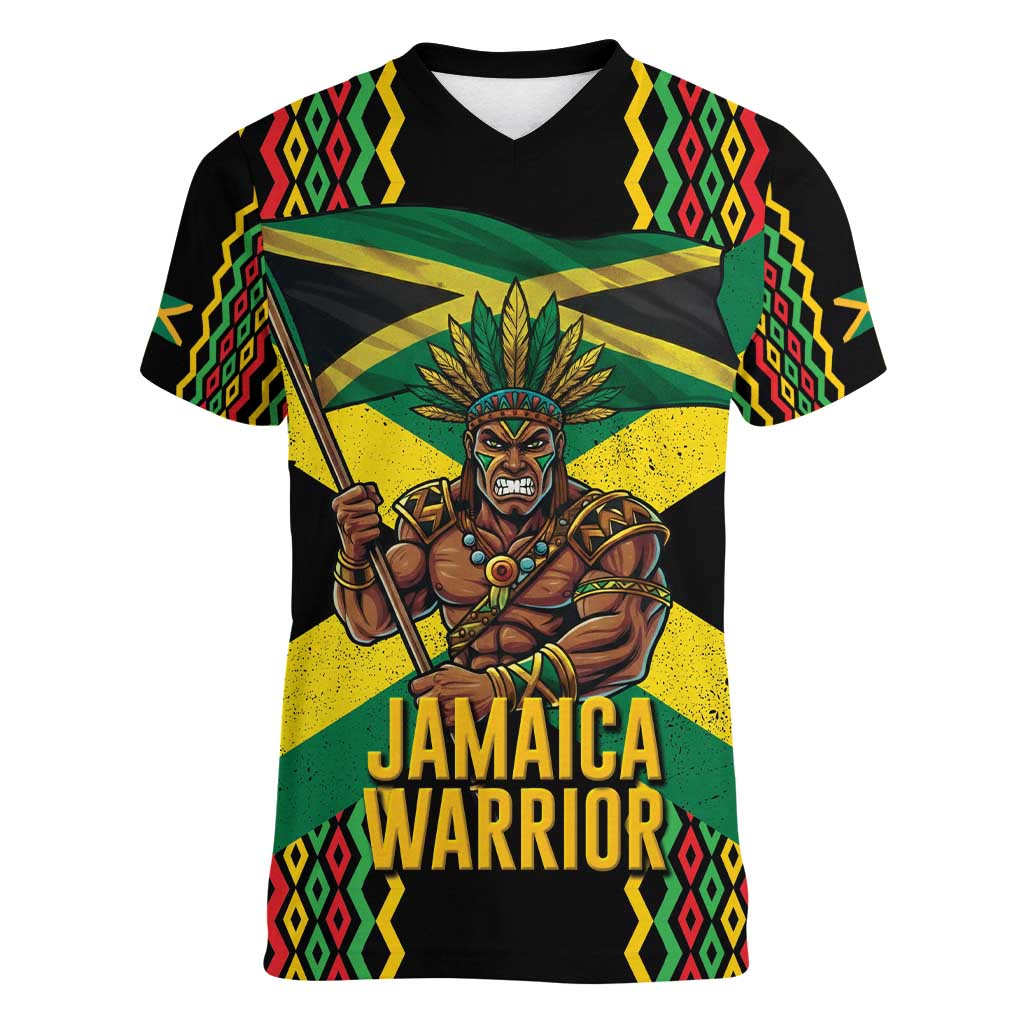 Jamaica Warrior Spirit Women V-Neck T-Shirt Tribal Fighter in Reggae Colors - Wonder Print Shop
