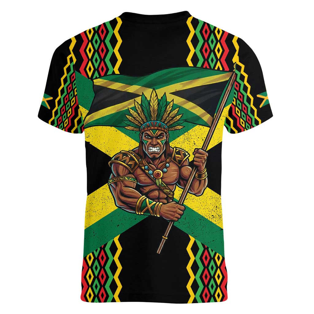 Jamaica Warrior Spirit Women V-Neck T-Shirt Tribal Fighter in Reggae Colors - Wonder Print Shop