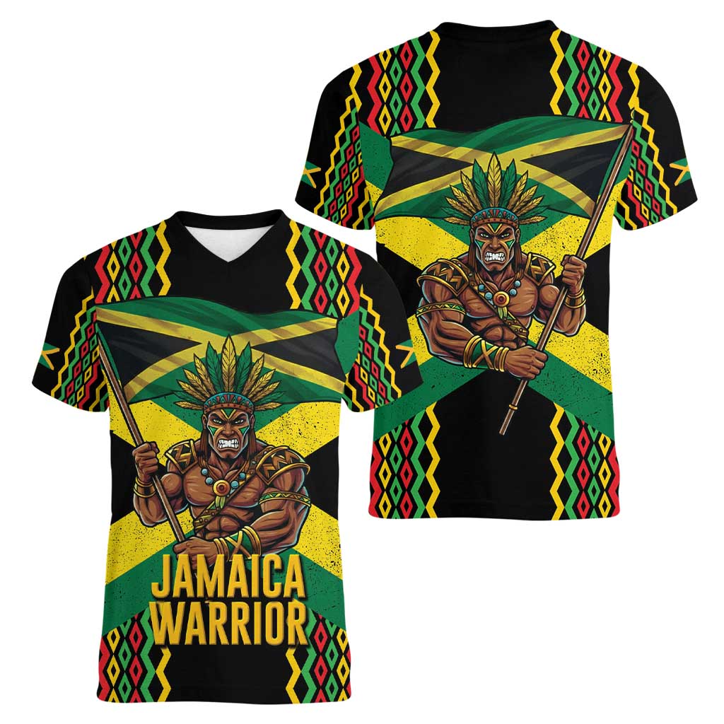Jamaica Warrior Spirit Women V-Neck T-Shirt Tribal Fighter in Reggae Colors - Wonder Print Shop