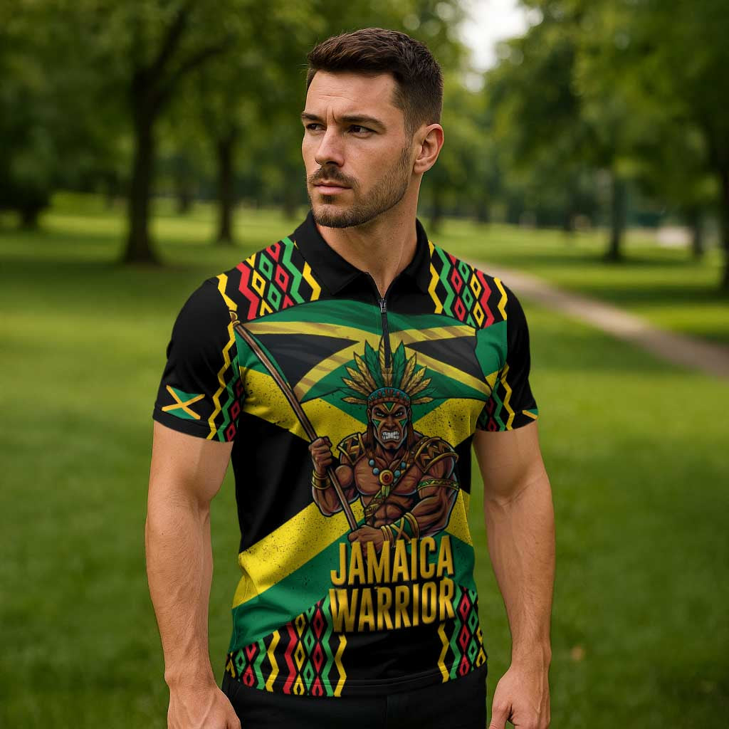 Jamaica Warrior Spirit Zipper Polo Shirt Tribal Fighter in Reggae Colors - Wonder Print Shop