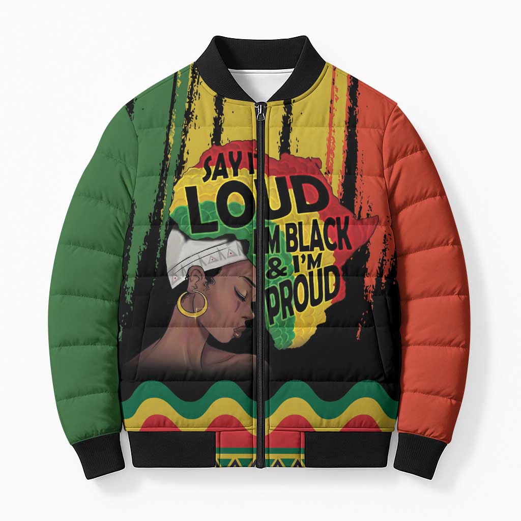 Black History Dreadlocks Map Bomber Puffer Jacket Say It Loud I’m Black and I’m Proud - Wonder Print Shop