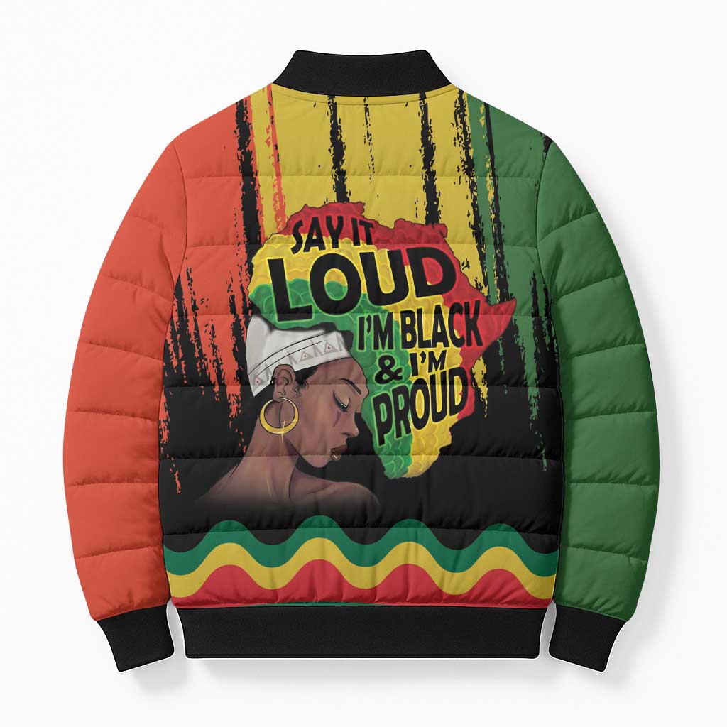 Black History Dreadlocks Map Bomber Puffer Jacket Say It Loud I’m Black and I’m Proud - Wonder Print Shop