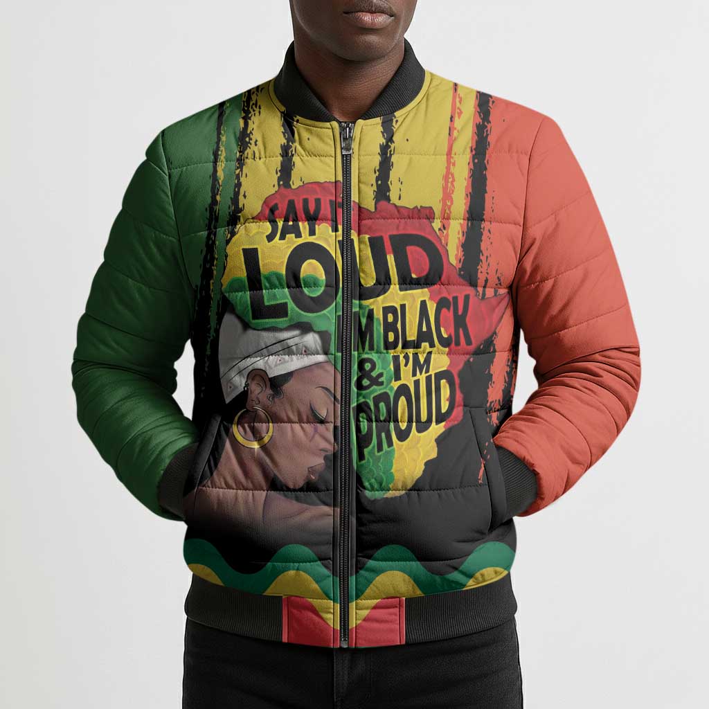 Black History Dreadlocks Map Bomber Puffer Jacket Say It Loud I’m Black and I’m Proud - Wonder Print Shop