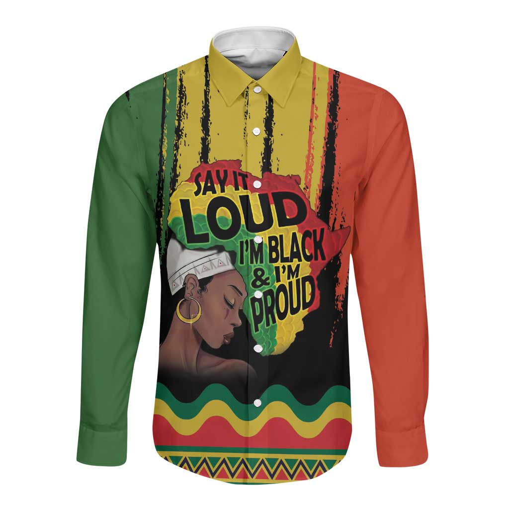 Black History Dreadlocks Map Long Sleeve Button Shirt Say It Loud I’m Black and I’m Proud - Wonder Print Shop