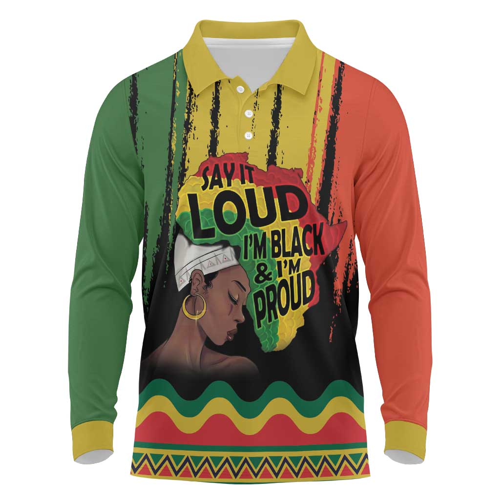 Black History Dreadlocks Map Long Sleeve Polo Shirt Say It Loud I’m Black and I’m Proud - Wonder Print Shop