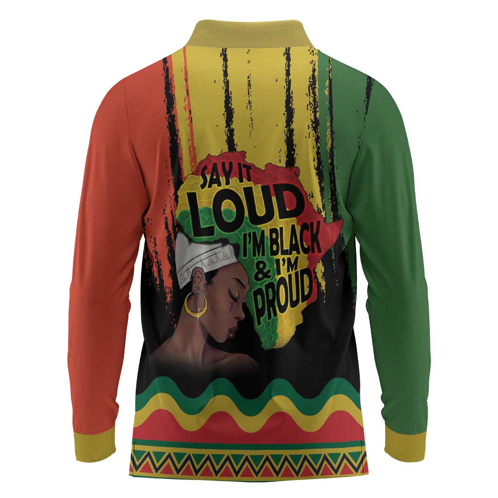 Black History Dreadlocks Map Long Sleeve Polo Shirt Say It Loud I’m Black and I’m Proud - Wonder Print Shop