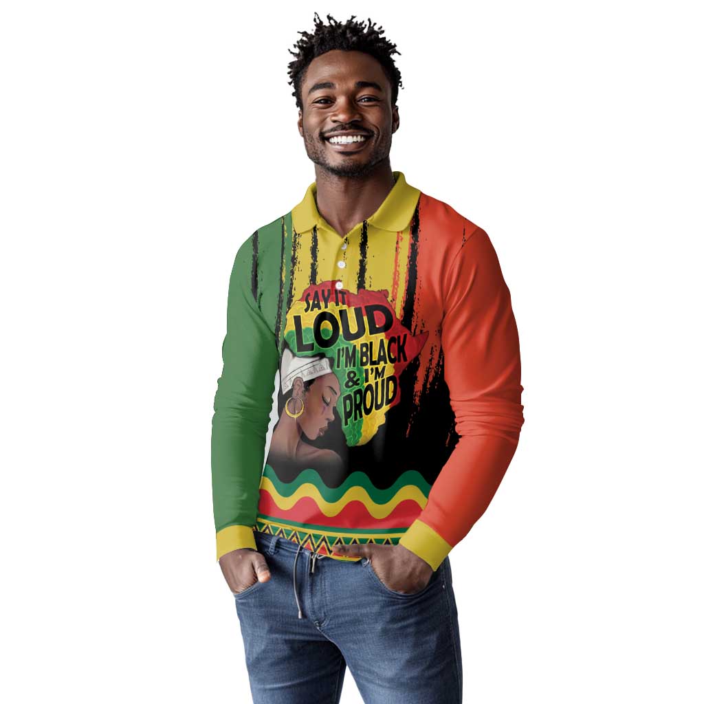 Black History Dreadlocks Map Long Sleeve Polo Shirt Say It Loud I’m Black and I’m Proud - Wonder Print Shop
