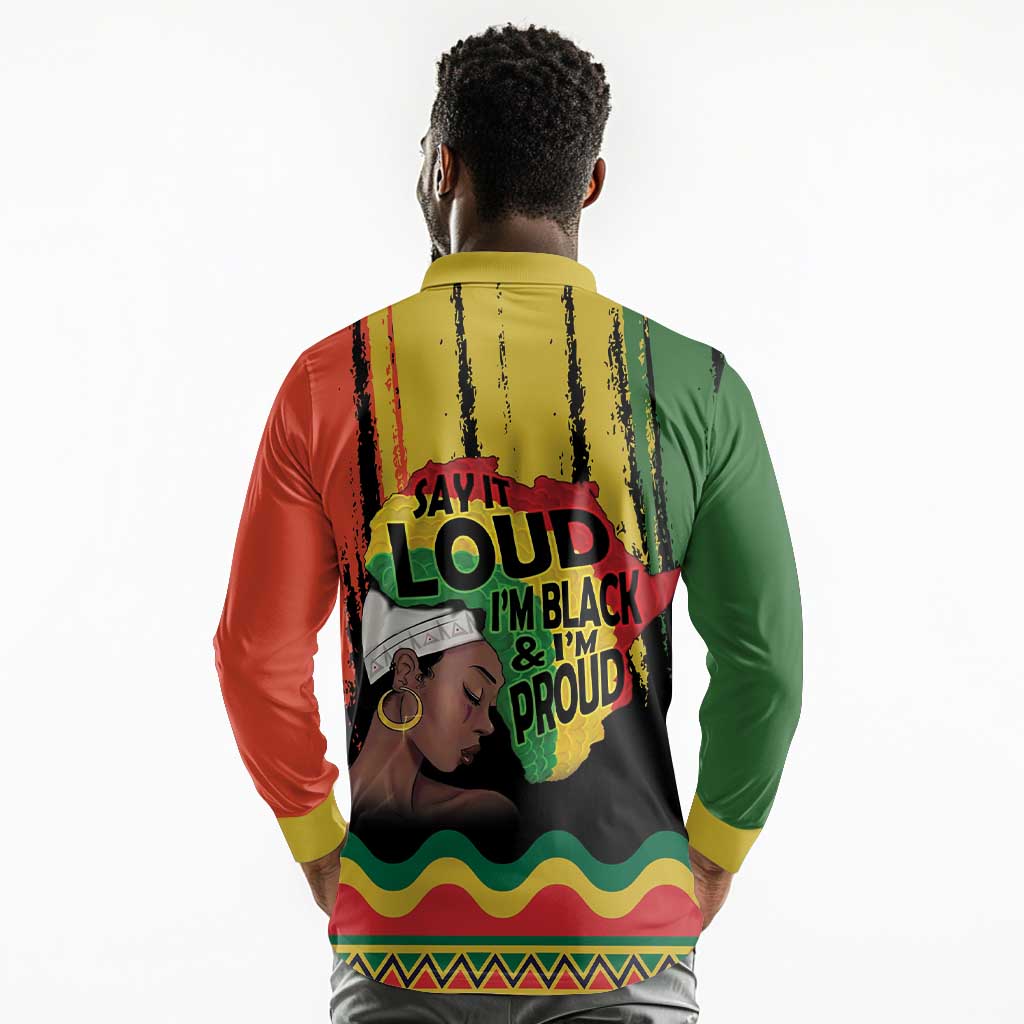 Black History Dreadlocks Map Long Sleeve Polo Shirt Say It Loud I’m Black and I’m Proud - Wonder Print Shop