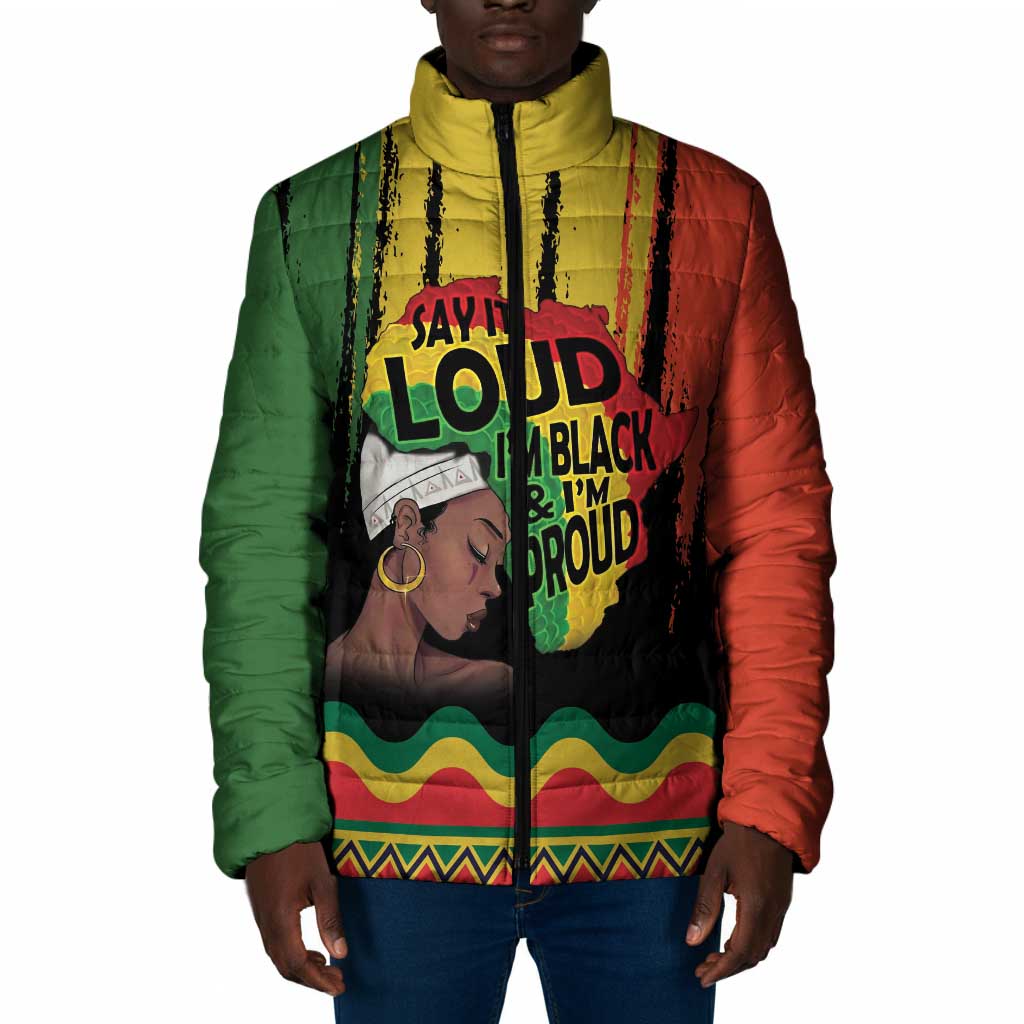 Black History Dreadlocks Map Padded Jacket Say It Loud I’m Black and I’m Proud - Wonder Print Shop