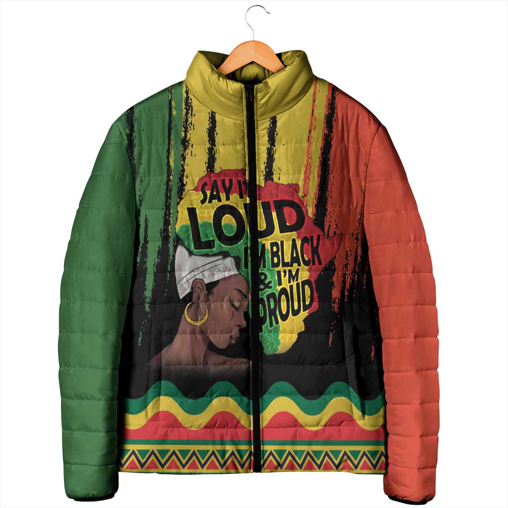 Black History Dreadlocks Map Padded Jacket Say It Loud I’m Black and I’m Proud - Wonder Print Shop