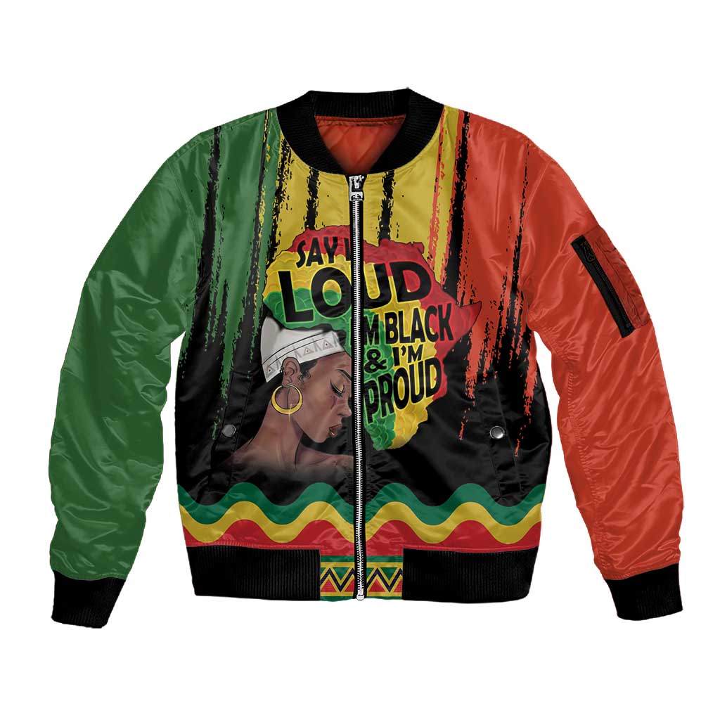 Black History Dreadlocks Map Sleeve Zip Bomber Jacket Say It Loud I’m Black and I’m Proud - Wonder Print Shop