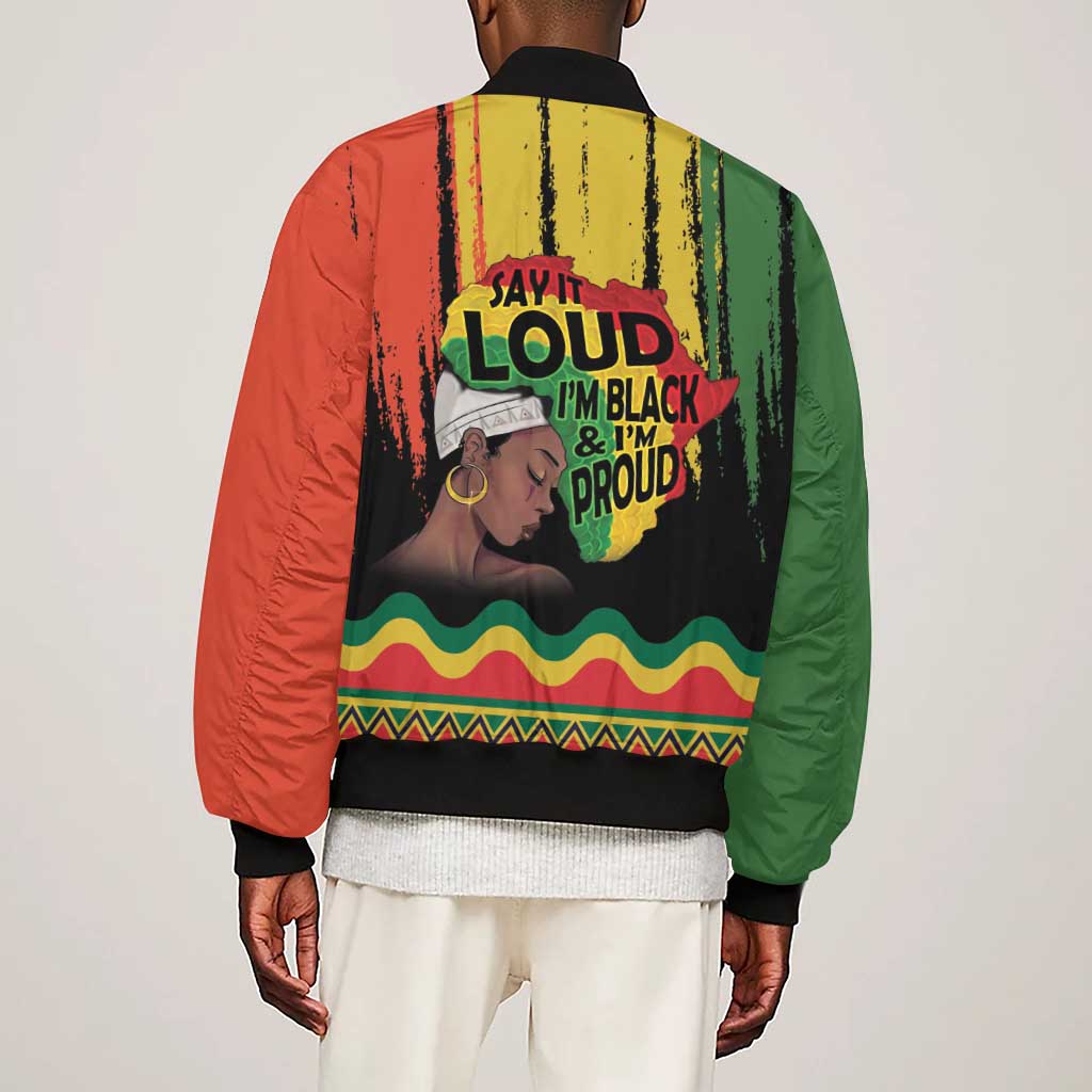 Black History Dreadlocks Map Sleeve Zip Bomber Jacket Say It Loud I’m Black and I’m Proud - Wonder Print Shop
