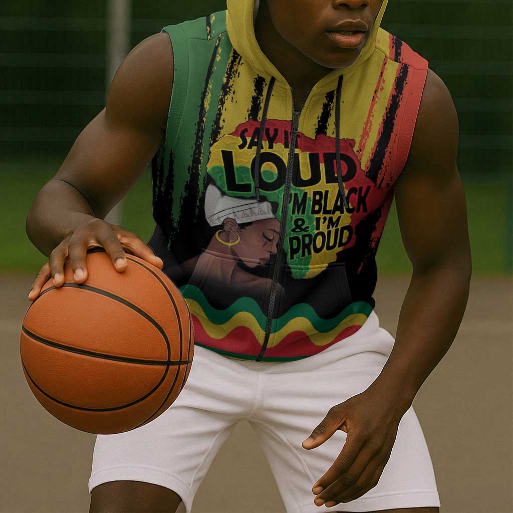 Black History Dreadlocks Map Sleeveless Zip Hoodie Say It Loud I’m Black and I’m Proud - Wonder Print Shop