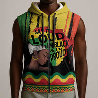Black History Dreadlocks Map Sleeveless Zip Hoodie Say It Loud I’m Black and I’m Proud - Wonder Print Shop