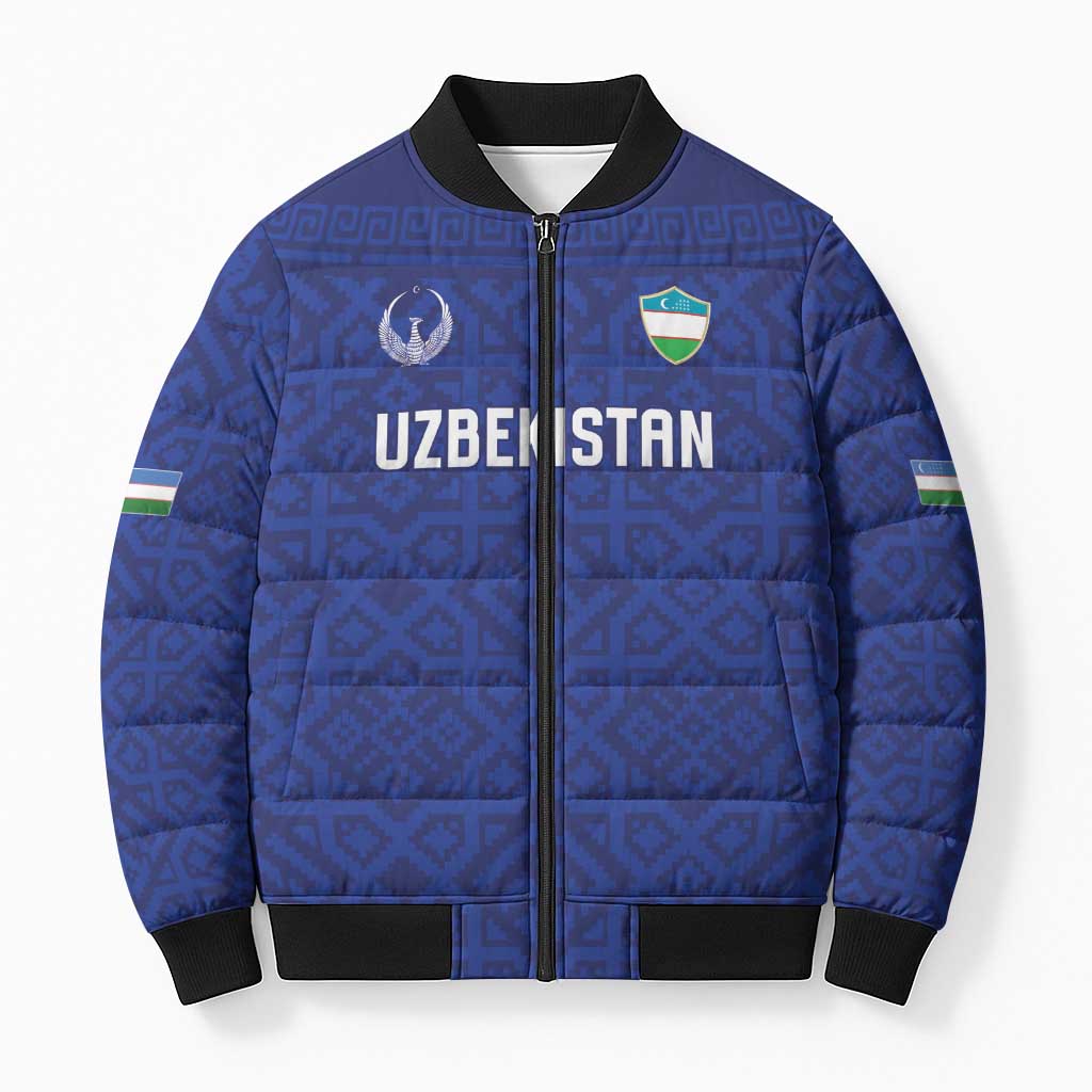 Custom World Football 2026 Uzbekistan Bomber Puffer Jacket Samarkand Blue Heritage Pattern - Wonder Print Shop