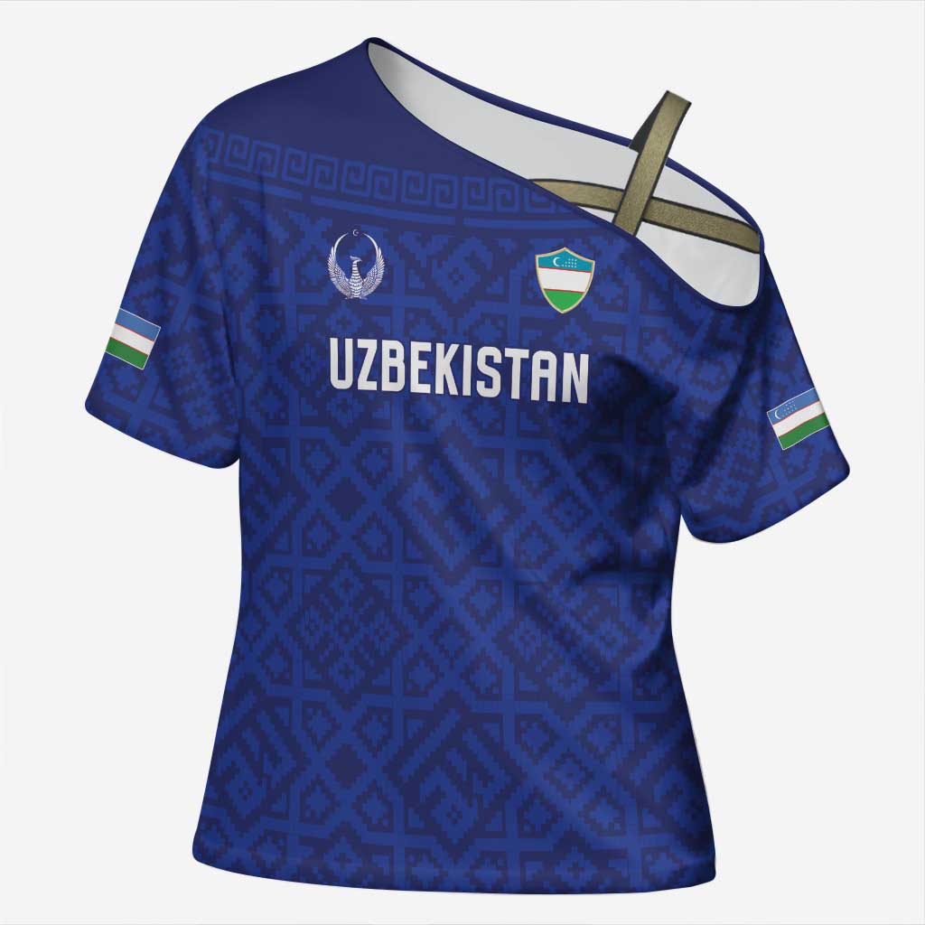 Custom World Football 2026 Uzbekistan Cross Shoulder Shirt Samarkand Blue Heritage Pattern - Wonder Print Shop