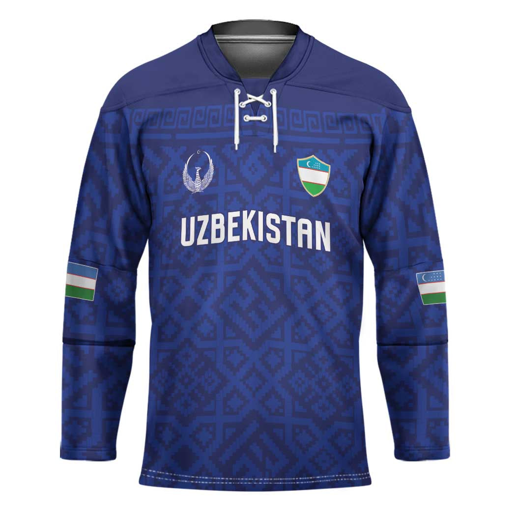 Custom World Football 2026 Uzbekistan Hockey Jersey Samarkand Blue Heritage Pattern - Wonder Print Shop