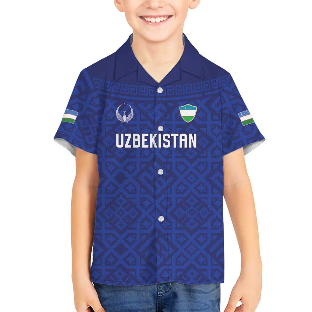 Custom World Football 2026 Uzbekistan Kid Hawaiian Shirt Samarkand Blue Heritage Pattern - Wonder Print Shop