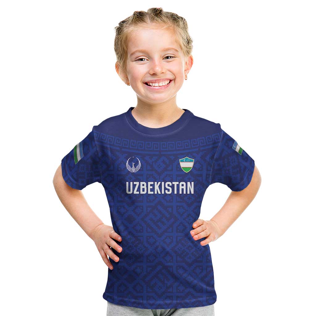 Custom World Football 2026 Uzbekistan Kid T Shirt Samarkand Blue Heritage Pattern - Wonder Print Shop