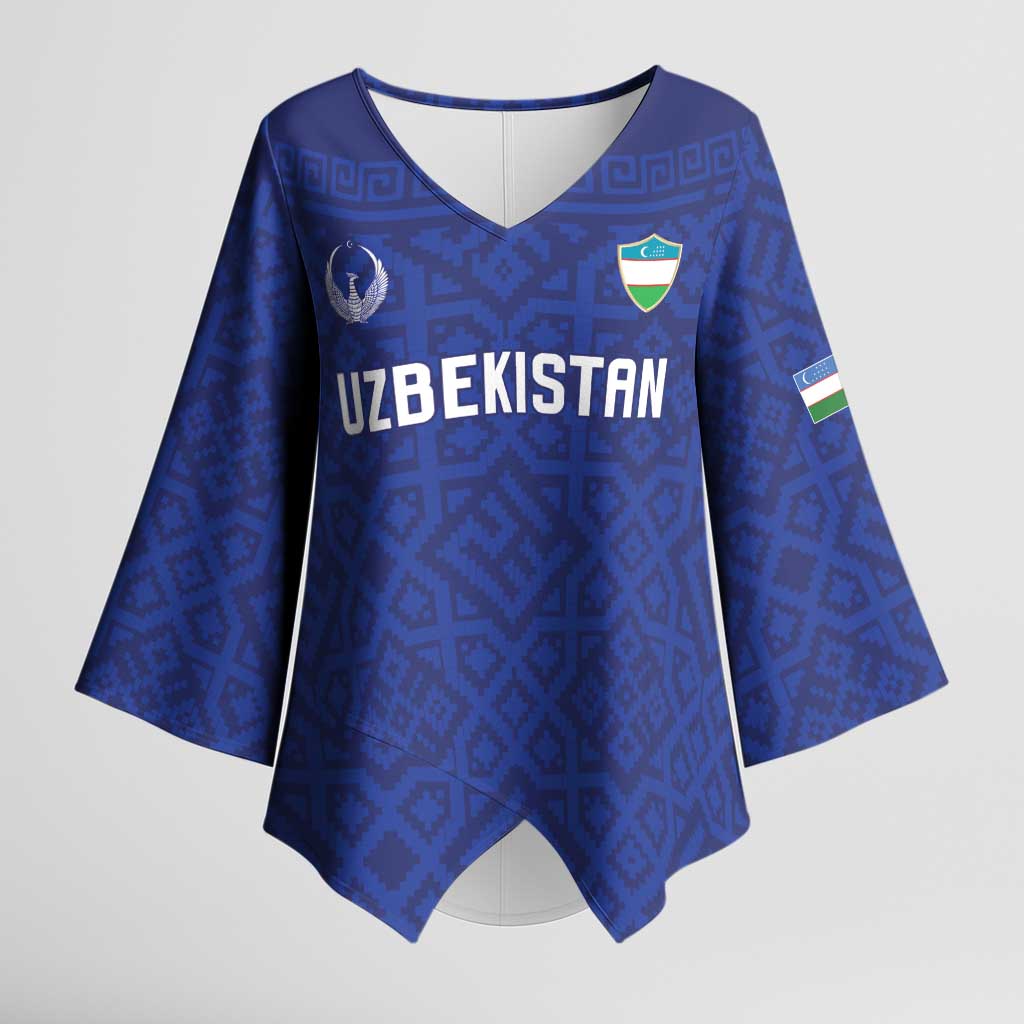 Custom World Football 2026 Uzbekistan Kimono Sleeve Blouse Samarkand Blue Heritage Pattern - Wonder Print Shop