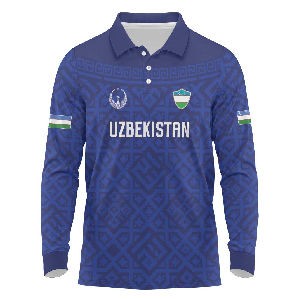Custom World Football 2026 Uzbekistan Long Sleeve Polo Shirt Samarkand Blue Heritage Pattern - Wonder Print Shop