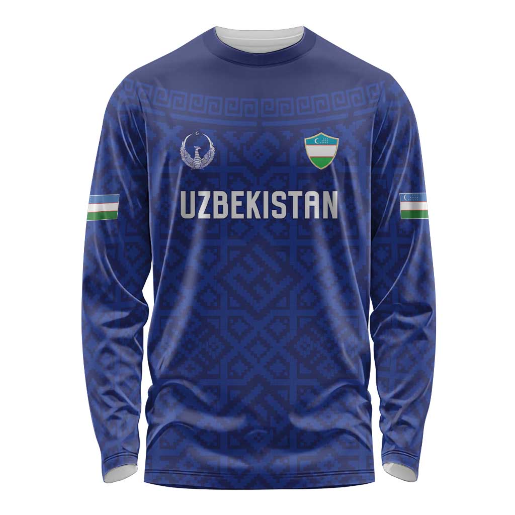 Custom World Football 2026 Uzbekistan Long Sleeve Shirt Samarkand Blue Heritage Pattern - Wonder Print Shop